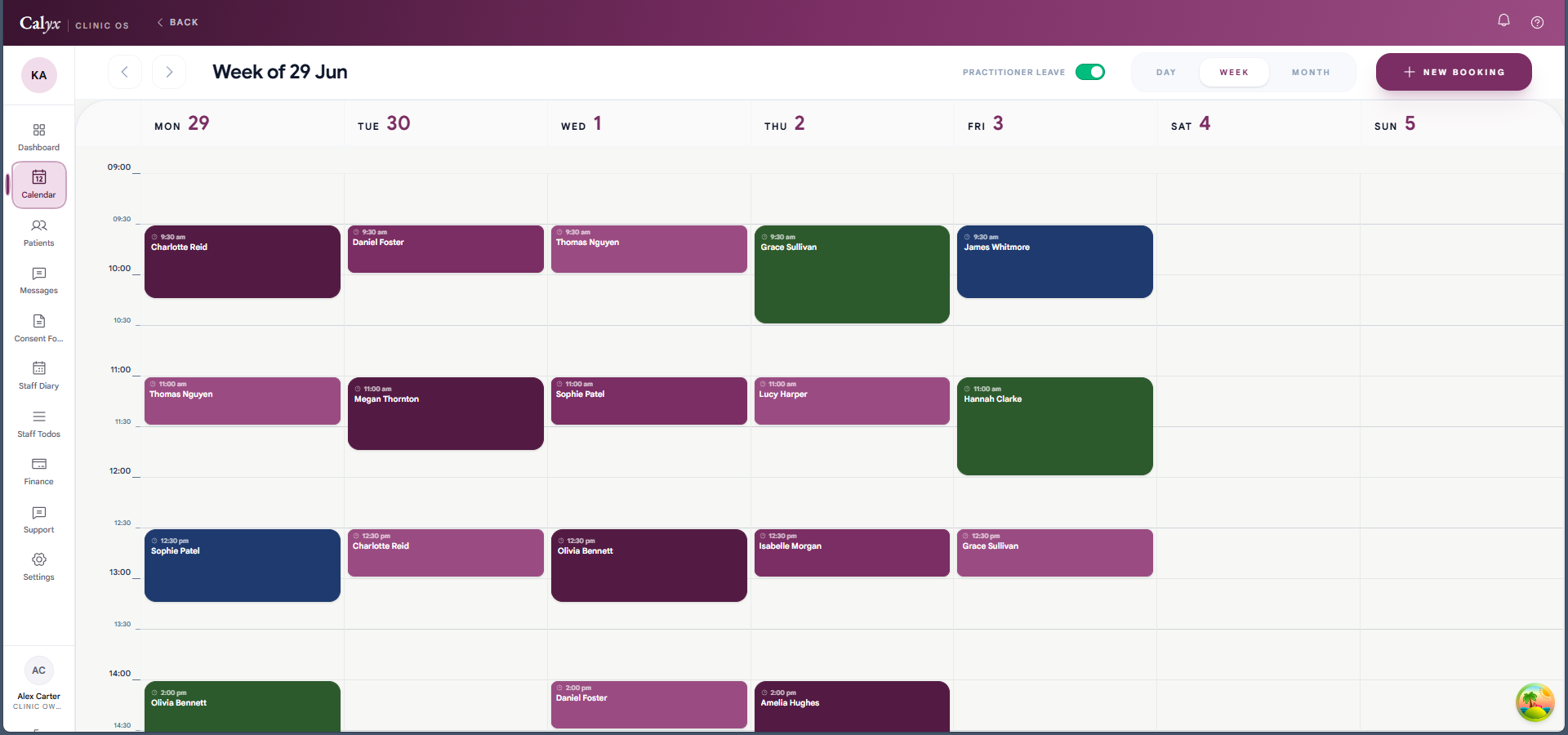 Calyx calendar checking practitioner, room and equipment availability before booking