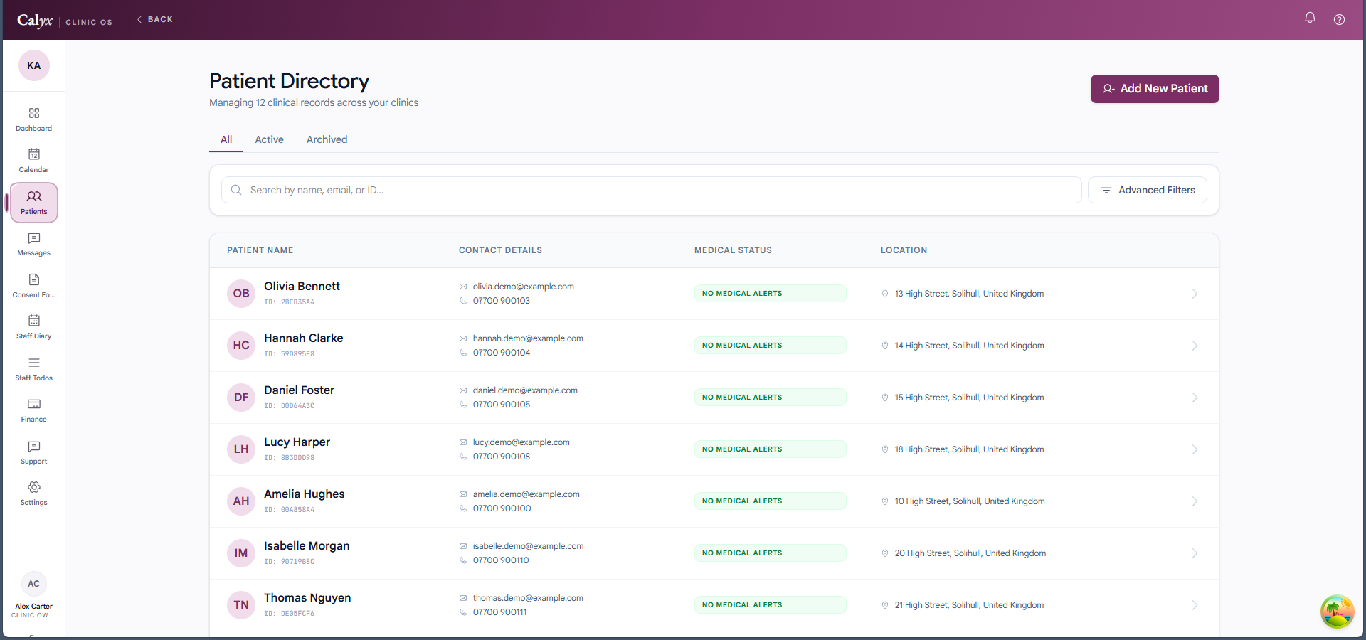 Calyx patient record linking notes, consent, history and billing in one profile